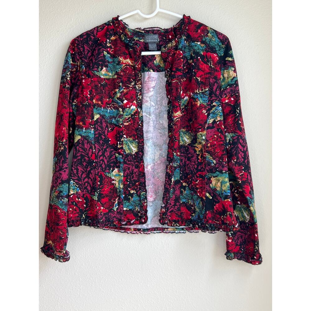 Additions by Chico’s Floral Abstract Ruffle Trim Cardigan Jacket Size 0/Small
